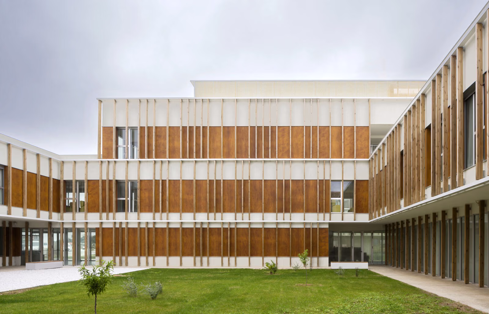 Landscaped courtyard with Mediterranean vegetation, the timber skin extends the living space outdoors. Residence for the Elderly in Mahón, Menorca. Antonio González Liñán, SV60 Arquitectos. Photography by Jesús Granada
